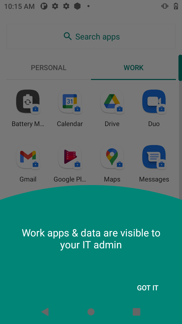 NTP DIG PING MORE in secure Work Profile (Android 11) Zebra TC57 WP firstmsg